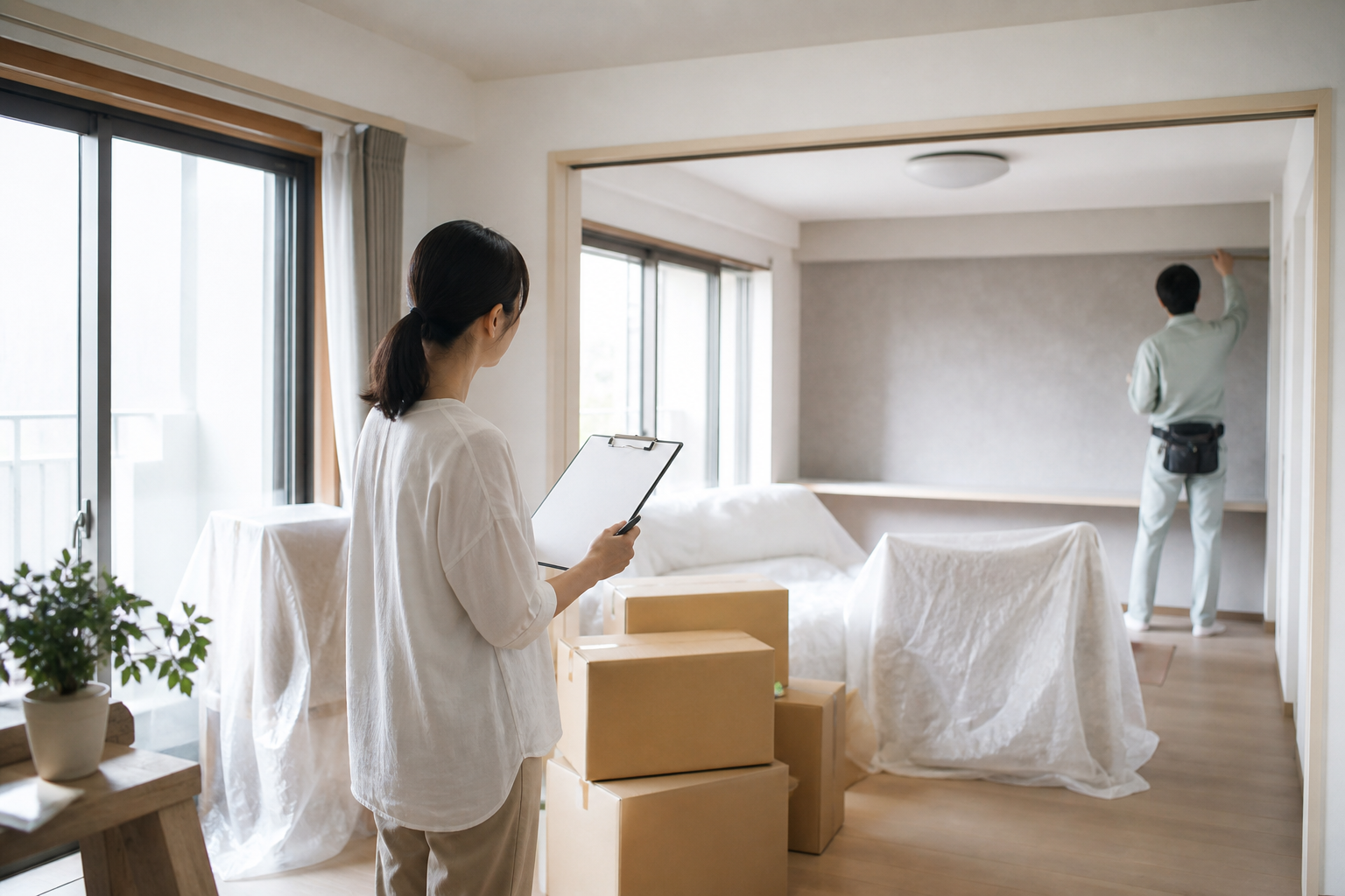 リフォーム中の部屋で工事内容を確認する住まい手