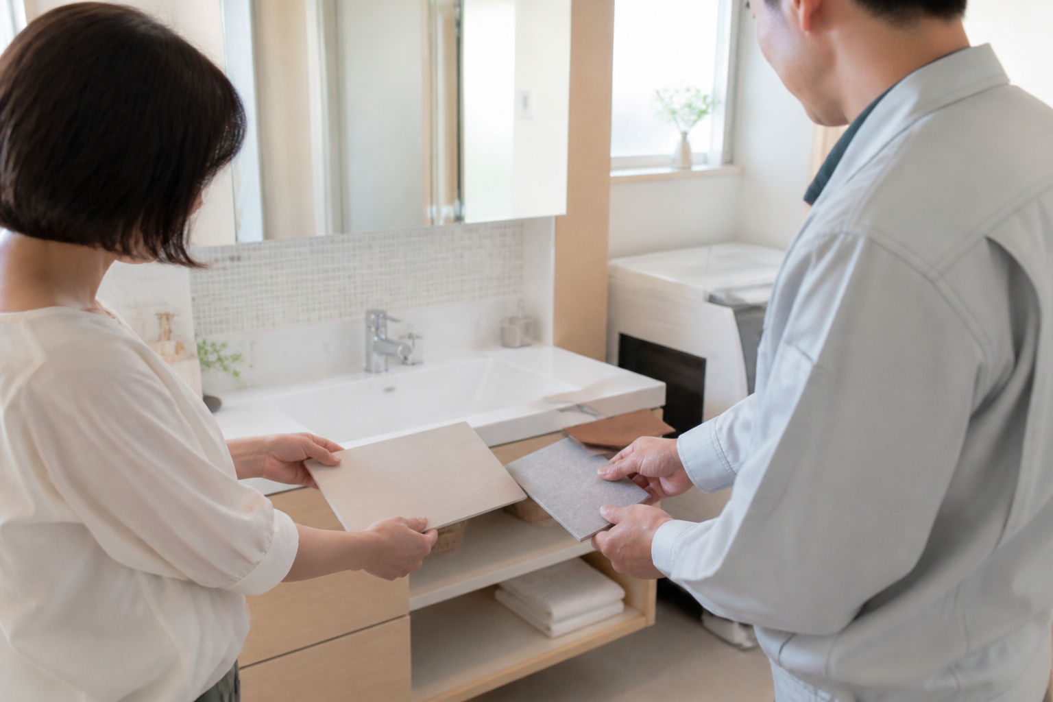 洗面台の交換費用を見積書と一緒に確認する住宅所有者のイメージ