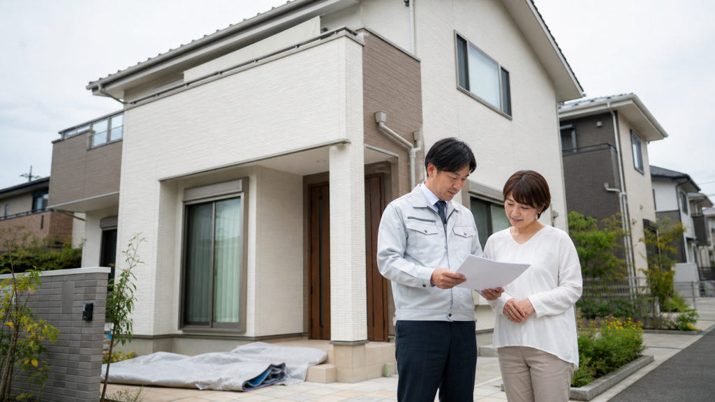 戸建て住宅の外壁塗装について、面積と見積書の内訳を確認する家族のイメージ