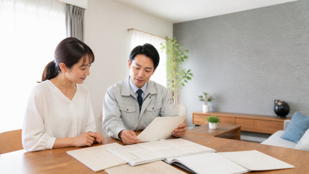 リビングの壁紙見本を手に、素材と張り替え範囲を相談する住宅所有者のイメージ