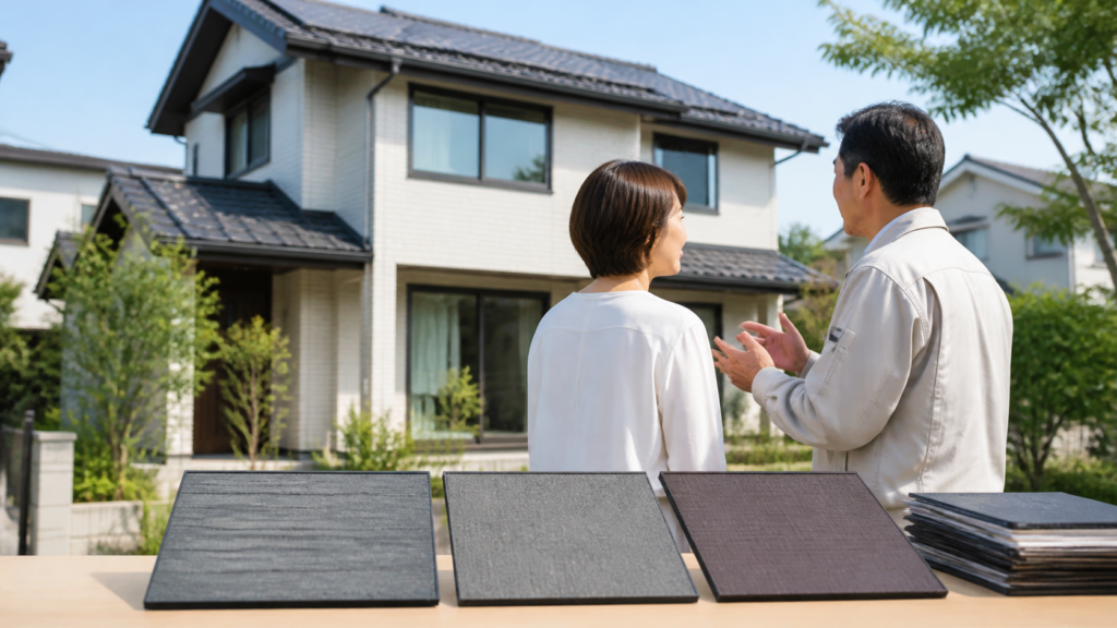 戸建て住宅の屋根と屋根材見本を見ながらリフォームを相談する様子