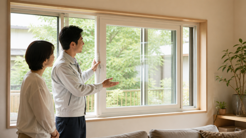 リビングの既存窓の内側に設置した内窓を確認する住まい手と施工担当者