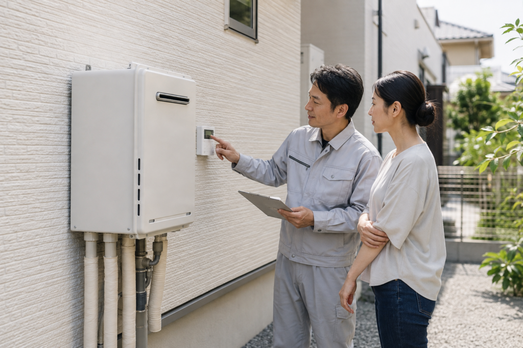 屋外の給湯器を前に、住まい手と施工担当者が交換内容を確認している様子