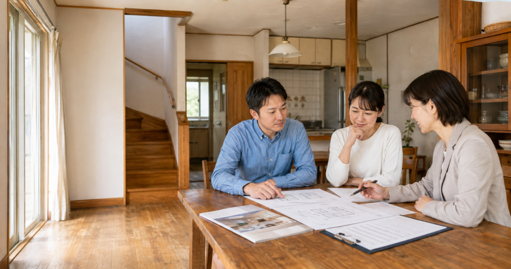 中古住宅の間取り図とリフォーム計画を夫婦と担当者が確認している様子