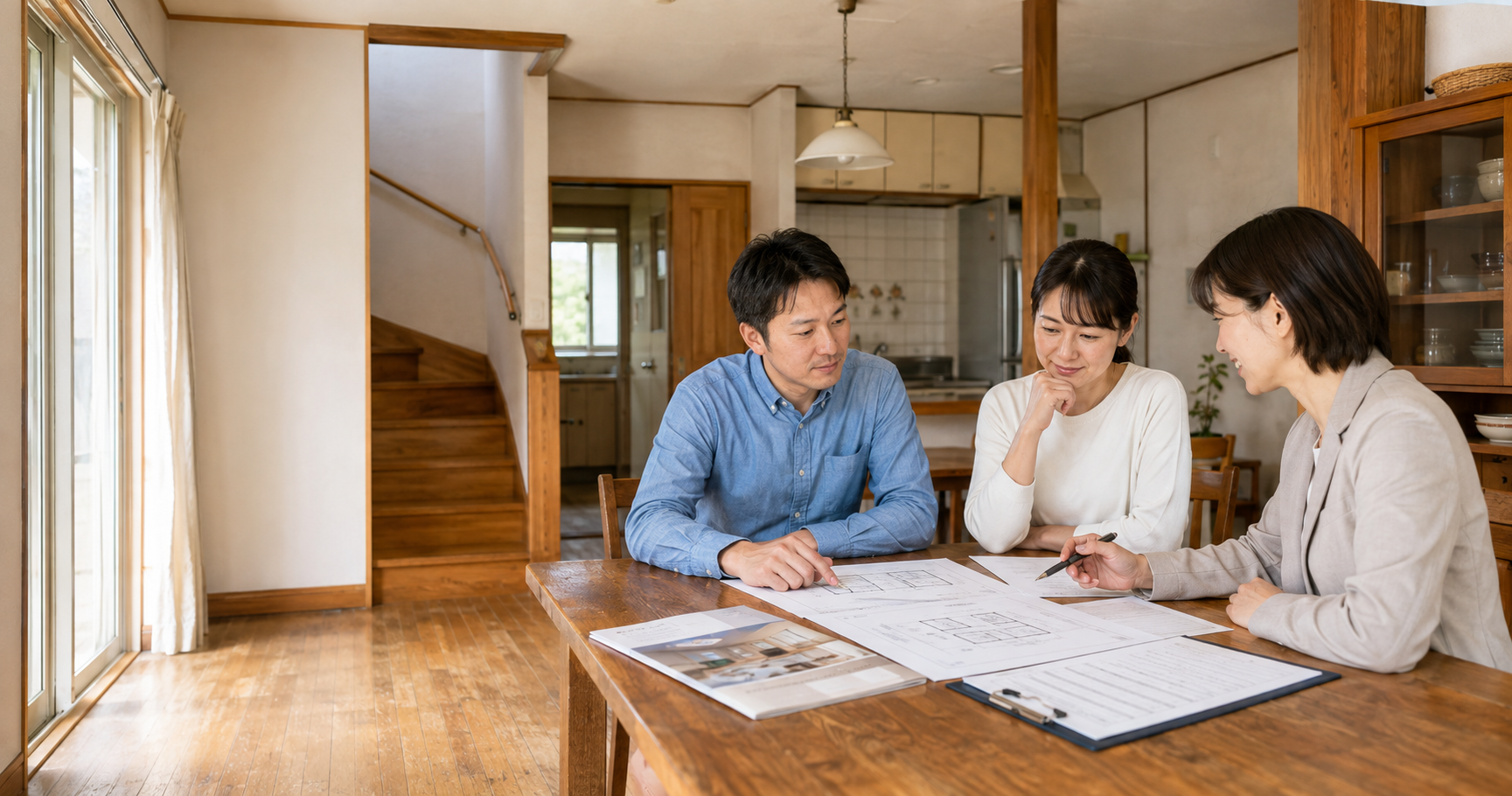 中古住宅の間取り図とリフォーム計画を夫婦と担当者が確認している様子