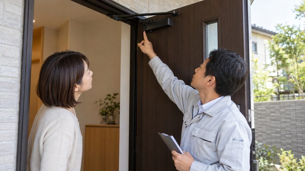 玄関ドアの閉まり方とドアクローザーの取付部を確認する住まい手と施工担当者