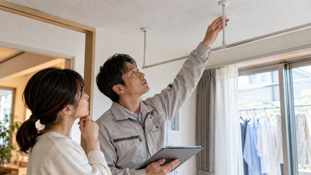 室内物干しを設置する場所と天井の状態を確認する住まい手と施工担当者