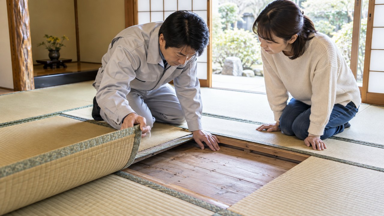 和室の畳と床の状態を住まい手と施工担当者が確認している様子