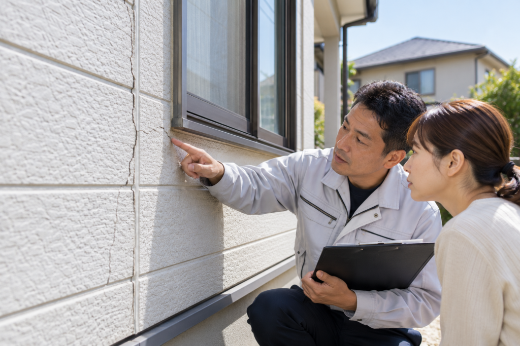 外壁のひび割れと目地を施工担当者と確認する住まい手